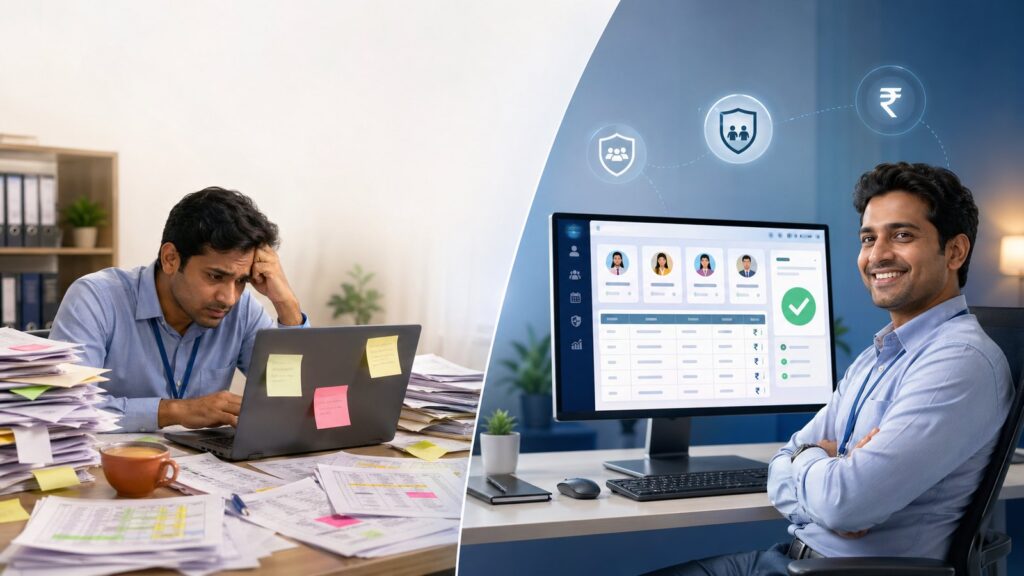 Stressed HR manager with messy Excel spreadsheets versus calm HR manager using a clean modern HRMS payroll dashboard, comparison illustration for Indian SMEs