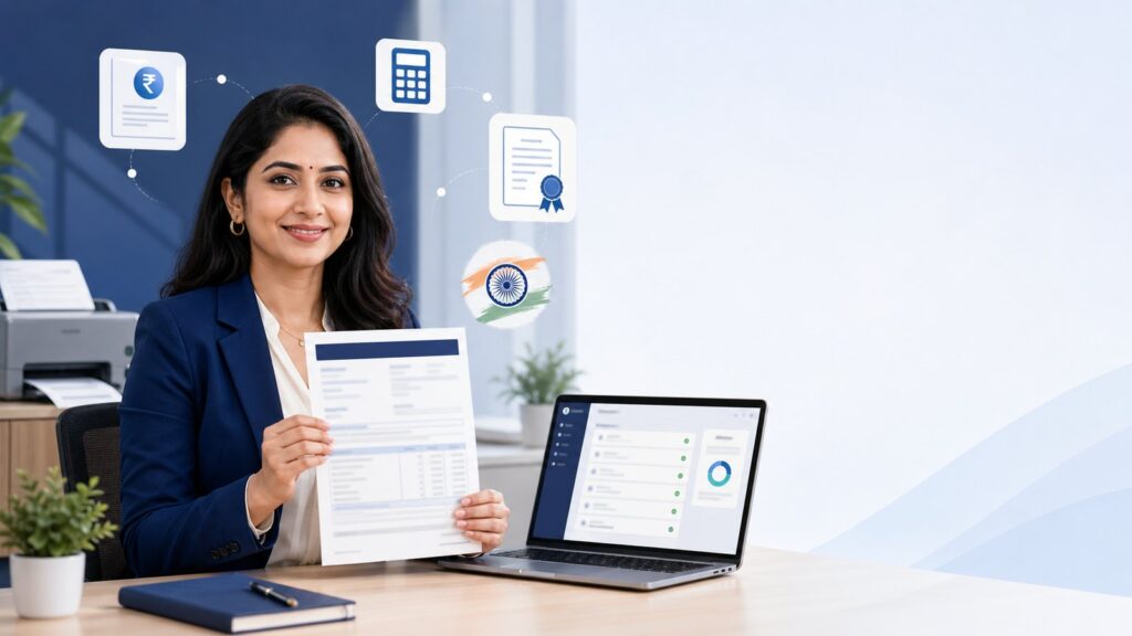 Indian payroll manager holding a Form 16 TDS certificate at her desk with a laptop showing tax dashboard and printer in background