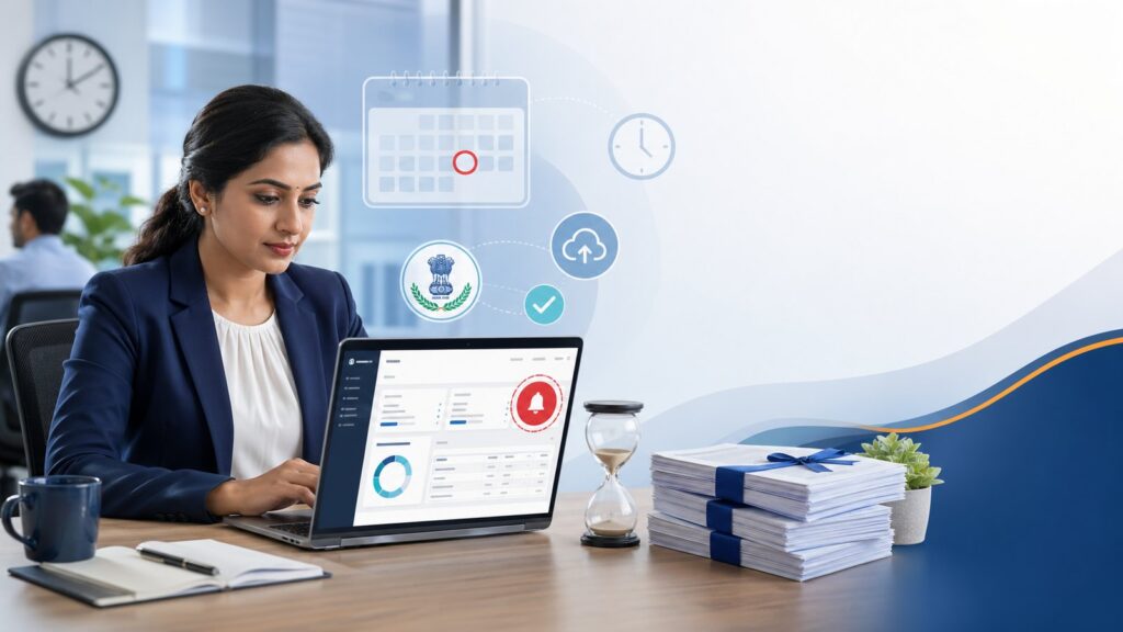 Indian payroll executive working on Form 24Q quarterly TDS return at her laptop with a deadline calendar, hourglass and tax compliance icons floating beside her