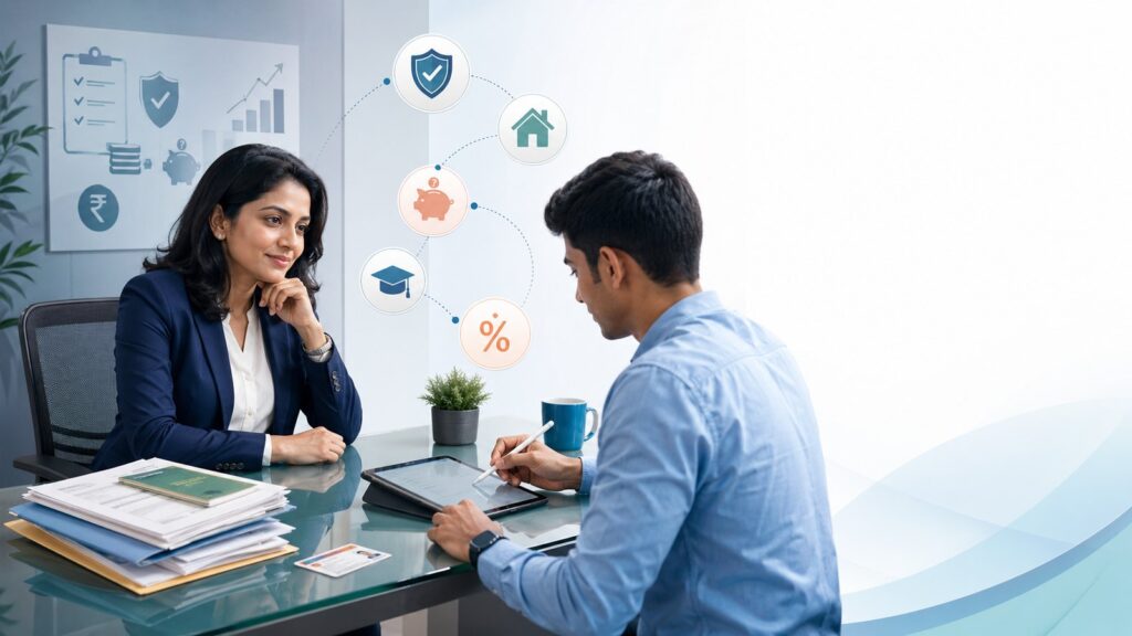 Indian HR manager guiding a young employee through investment declaration form on a tablet, with 80C tax-saving icons (insurance, home loan, PPF, education) floating around them