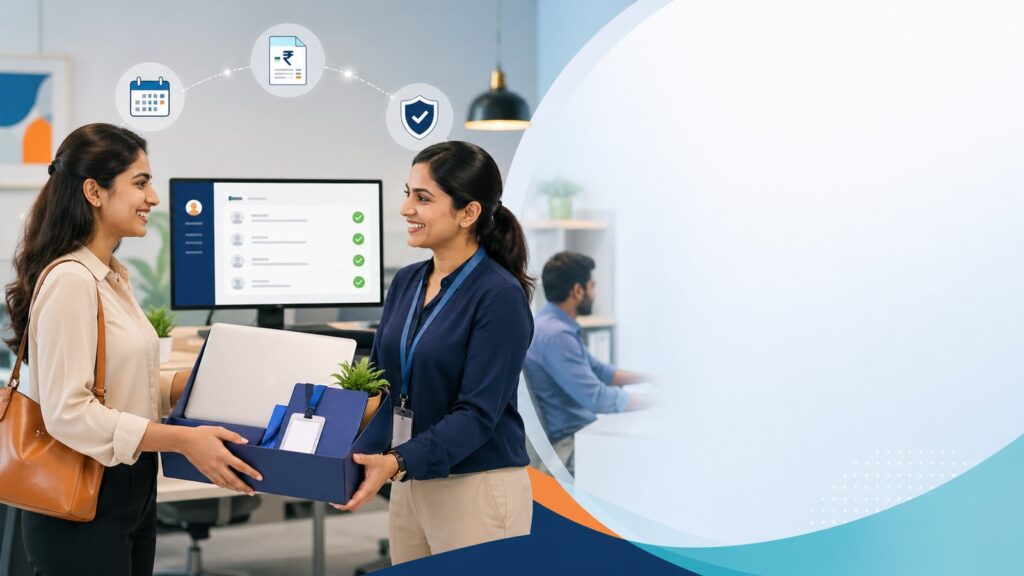 Indian HR manager handing welcome kit to a new employee on her first day in a modern office, with onboarding dashboard and compliance icons in the background