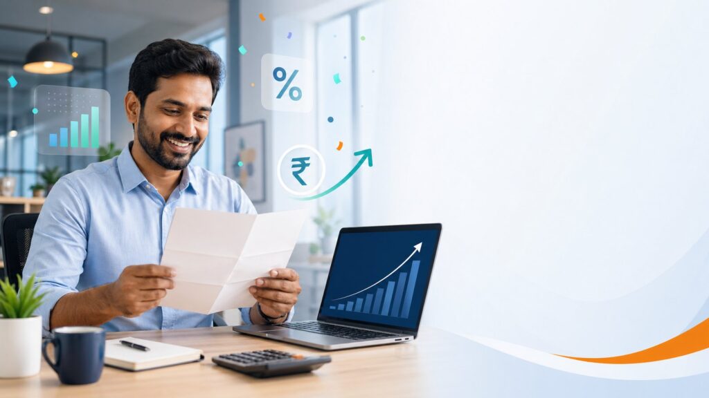 Happy Indian professional reading appraisal letter at his desk with a salary growth chart and rising rupee icons in the background