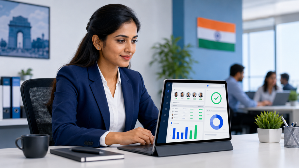 Indian HR manager viewing attendance dashboard software on tablet in office