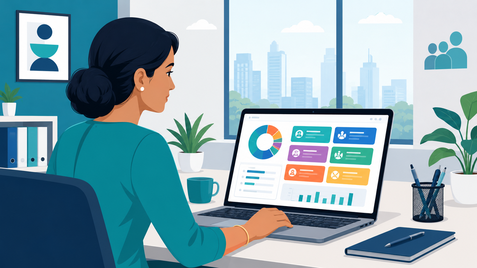Indian HR manager explaining CTC salary breakup to a new employee using a tablet dashboard, with PF, HRA and TDS components visible in teal and blue tones