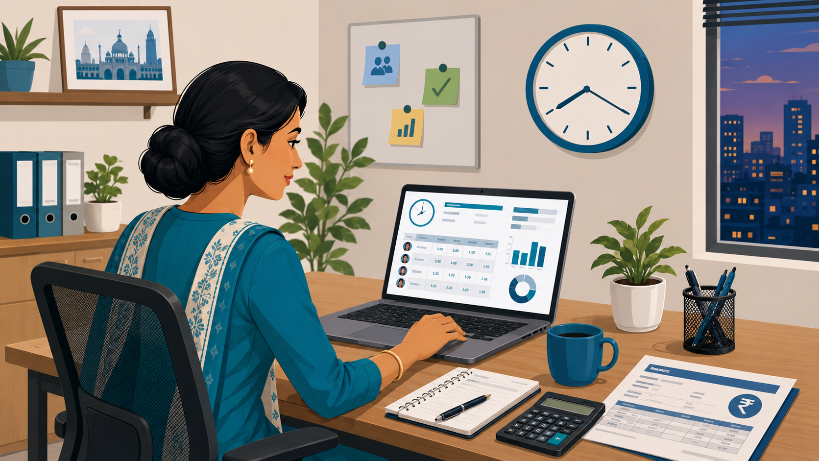 Indian HR manager reviewing overtime hours and payslip documents at evening office desk