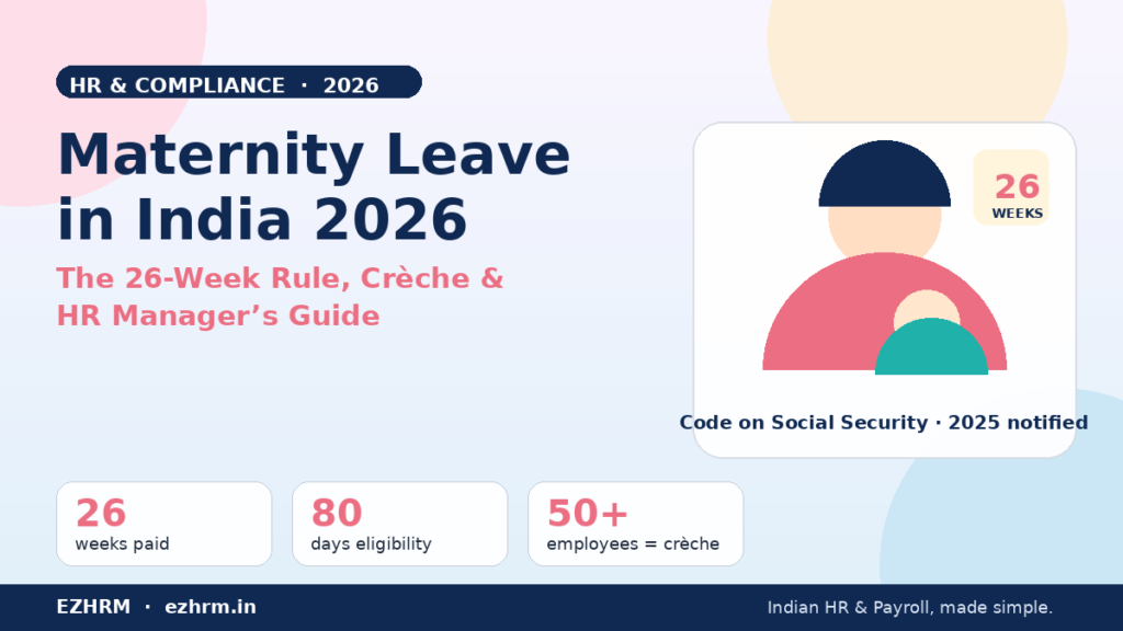 Maternity leave in India 2026 - 26-week paid leave under the Code on Social Security 2020, creche facility and HR guide infographic