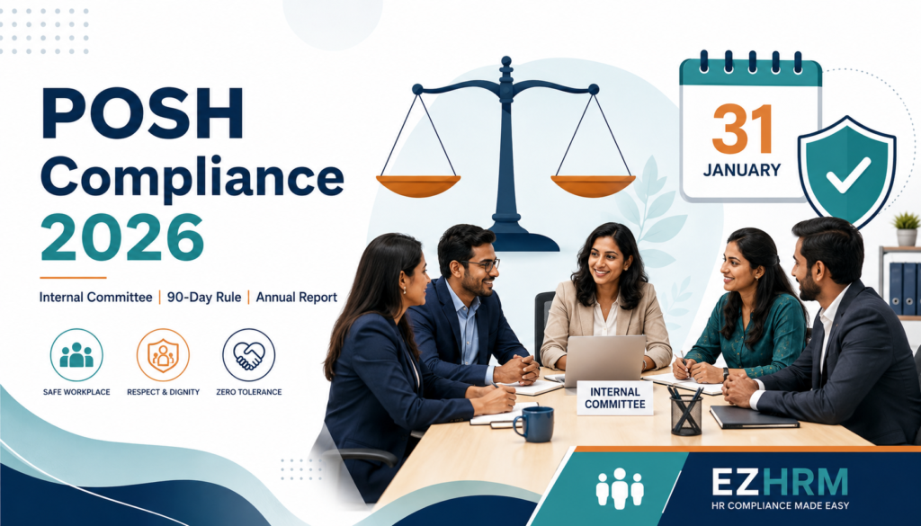 POSH compliance India 2026 — Internal Committee, 90-day rule and Annual Report by 31 January, infographic for HR managers