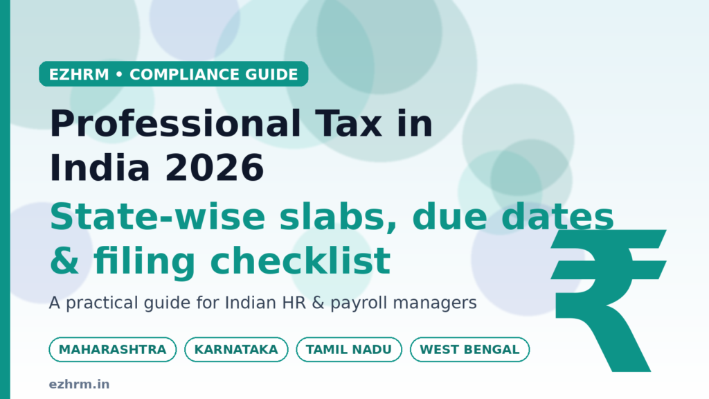 Professional tax in India 2026 banner showing state-wise slabs for Maharashtra, Karnataka, Tamil Nadu and West Bengal