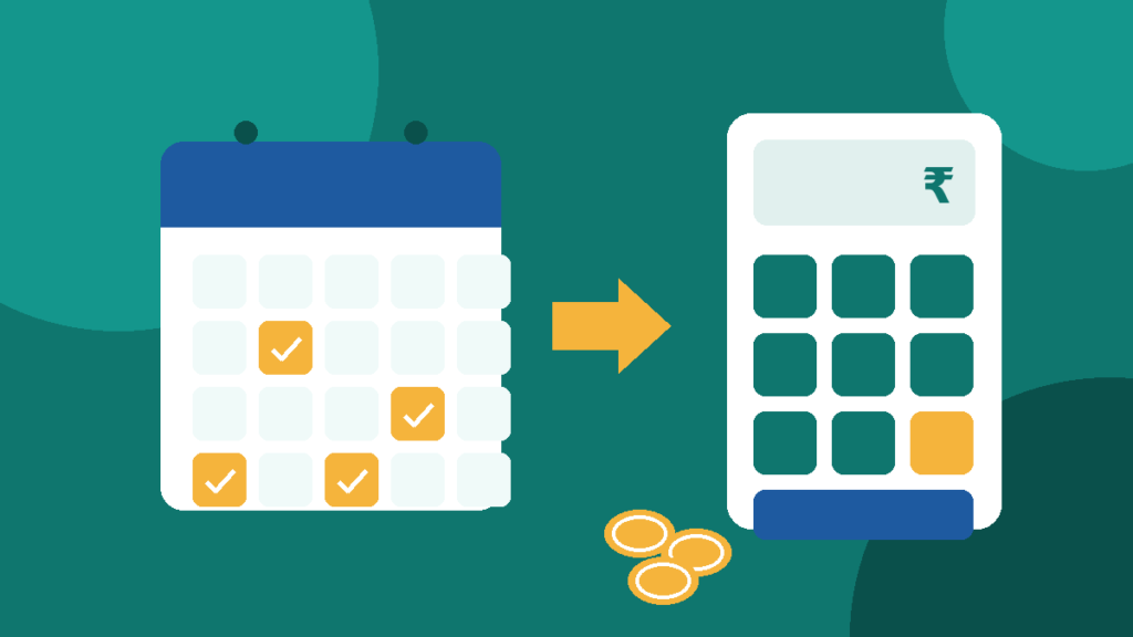 Leave encashment calculator India 2026 — calendar with unused earned leave days converting to rupee payout on a calculator, EZHRM HR guide