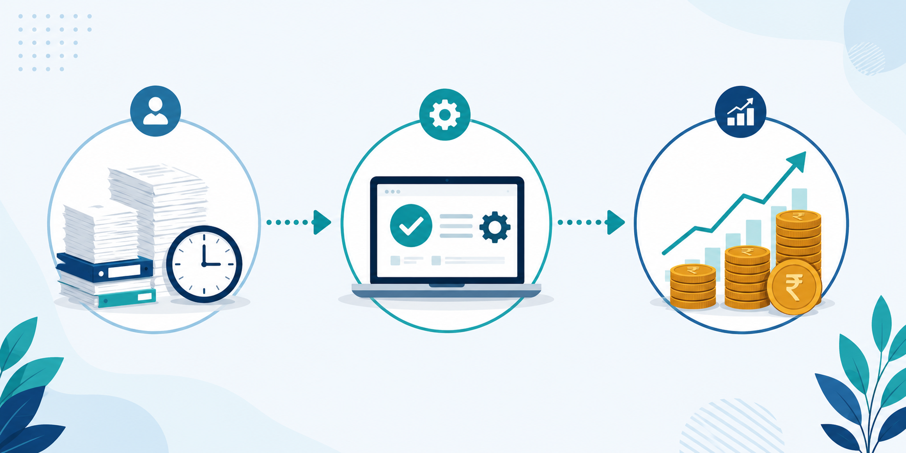 Three-step process flow illustration showing manual payroll paperwork turning into automated payroll software, resulting in rising cost savings, in teal and blue flat icon style