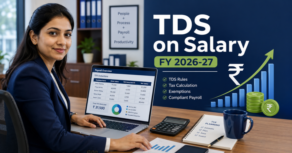 TDS on salary India FY 2026-27 - Indian HR manager at desk with payroll dashboard and rupee symbols showing TDS calculation for employer guide