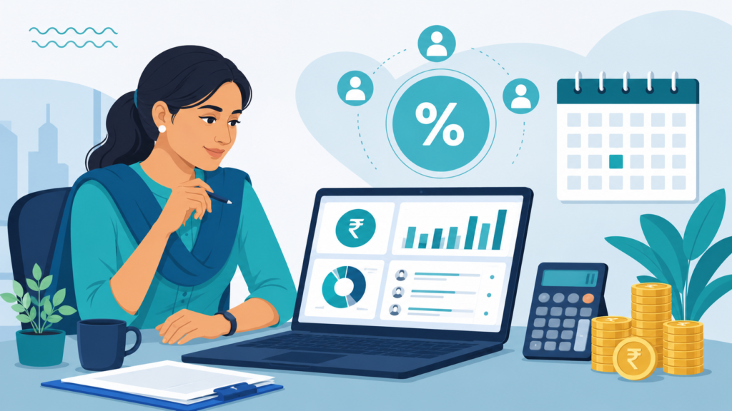 Indian HR manager reviewing statutory bonus payout on a laptop dashboard with rupee coins, calendar and percentage icons, flat teal and blue illustration