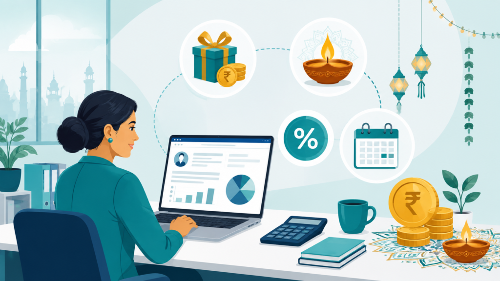 Indian HR manager calculating statutory bonus payout on a laptop with rupee coins and a calendar showing the Diwali festival season, teal and blue office illustration