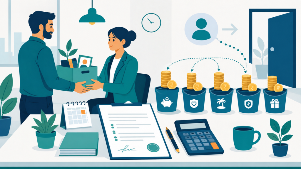 Indian HR manager completing a full and final settlement at employee exit, with rupee coins sorted into separate payout components