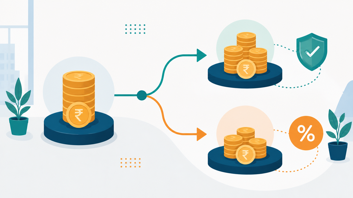 Diagram showing an F&F settlement amount splitting into a tax-exempt stream and a taxable stream under Indian income tax rules
