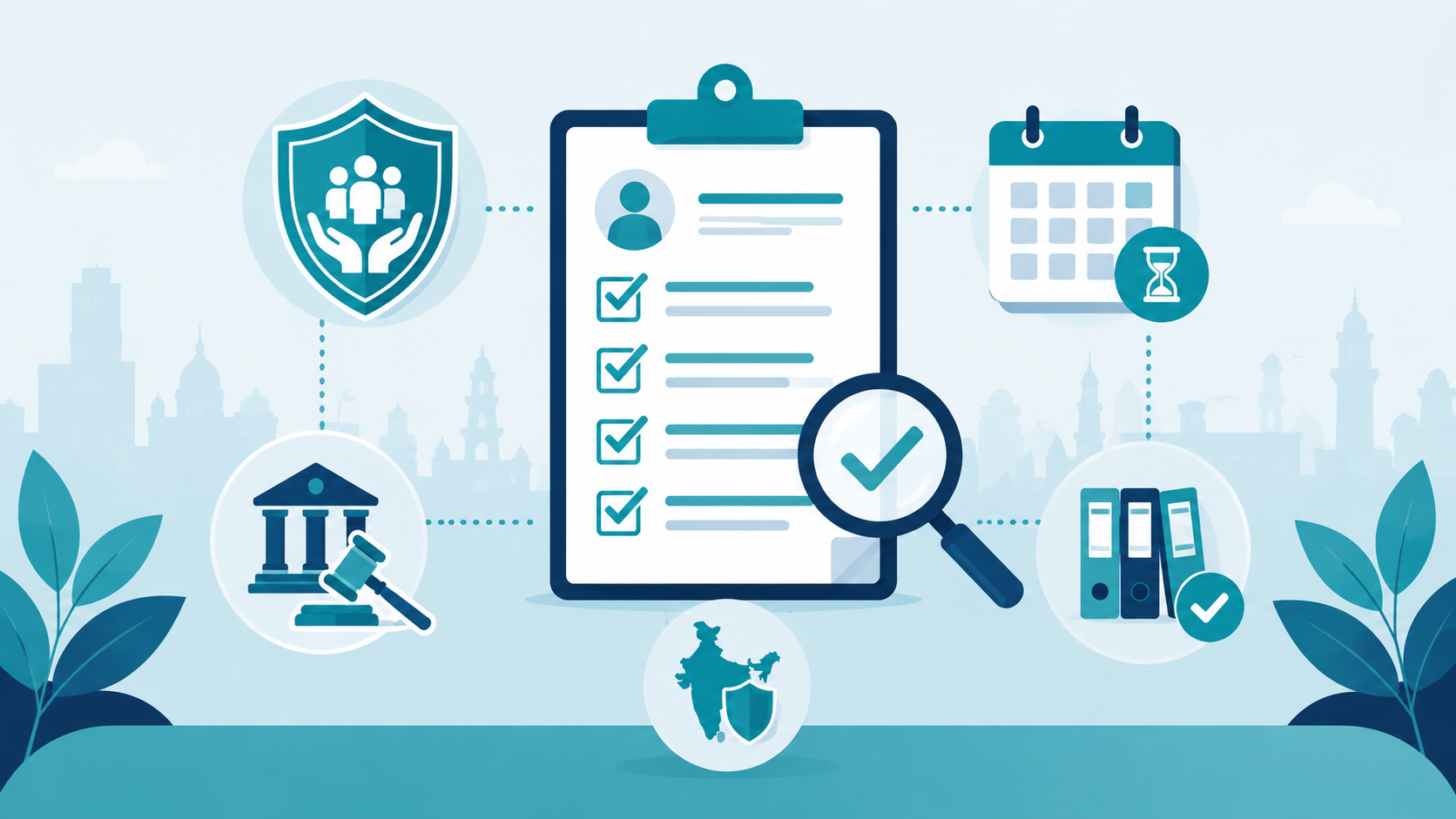 Gratuity compliance checklist infographic showing insurance shield, 30-day payment deadline calendar, and audit checklist icons for Indian HR teams