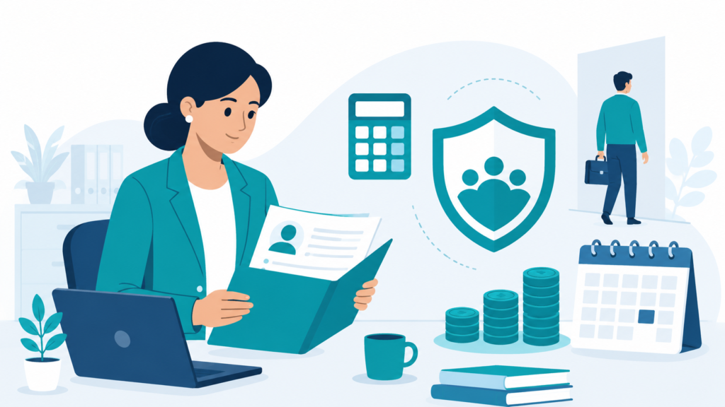 Indian HR manager reviewing an employee exit file with calculator, protection shield, coin stack and calendar icons representing new gratuity rules under India labour codes 2026