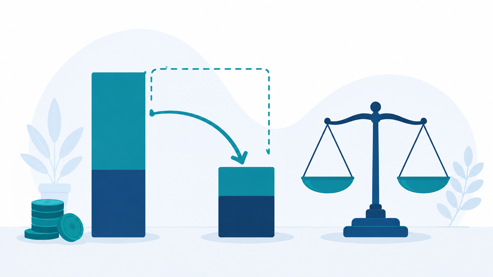 Diagram showing part of a larger excluded-allowance salary block being added back into the smaller wage block, with a balance scale, illustrating the 50 percent wage rule for gratuity calculation in India