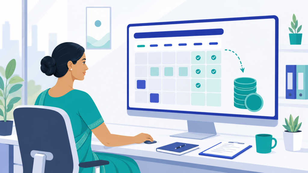 Indian HR manager reviewing an employee leave calendar on screen with earned leave days converting into cash under the 2026 leave encashment rules
