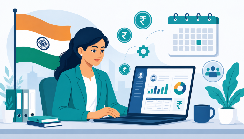 Indian HR manager at desk with payroll dashboard, Indian flag, calendar showing August 15, and rupee icons — flat illustration for national holiday pay rules guide