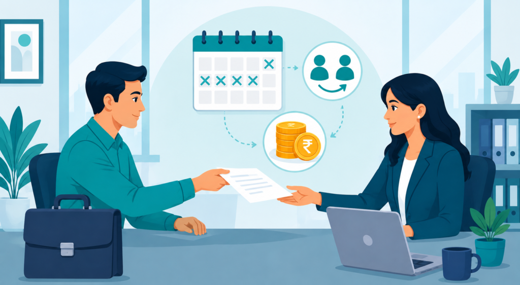 Indian HR manager and employee discussing notice period buyout during resignation, with calendar and payout icons, flat illustration