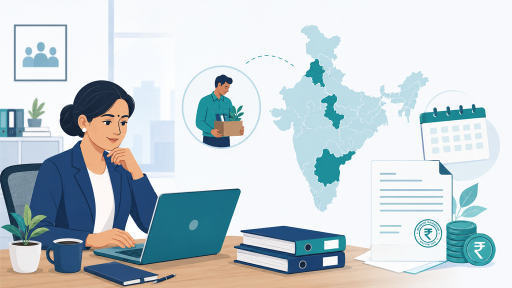 Indian HR manager reviewing an employee resignation and full and final settlement on a laptop, with a map of India showing highlighted states, a calendar, a stamped document and rupee coins