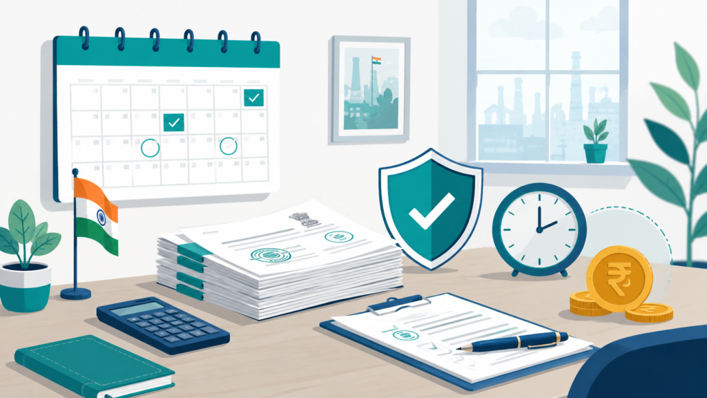 Flat illustration of an Indian payroll compliance desk with a deadline calendar, stamped statutory documents, a protection shield, a clock and rupee coins