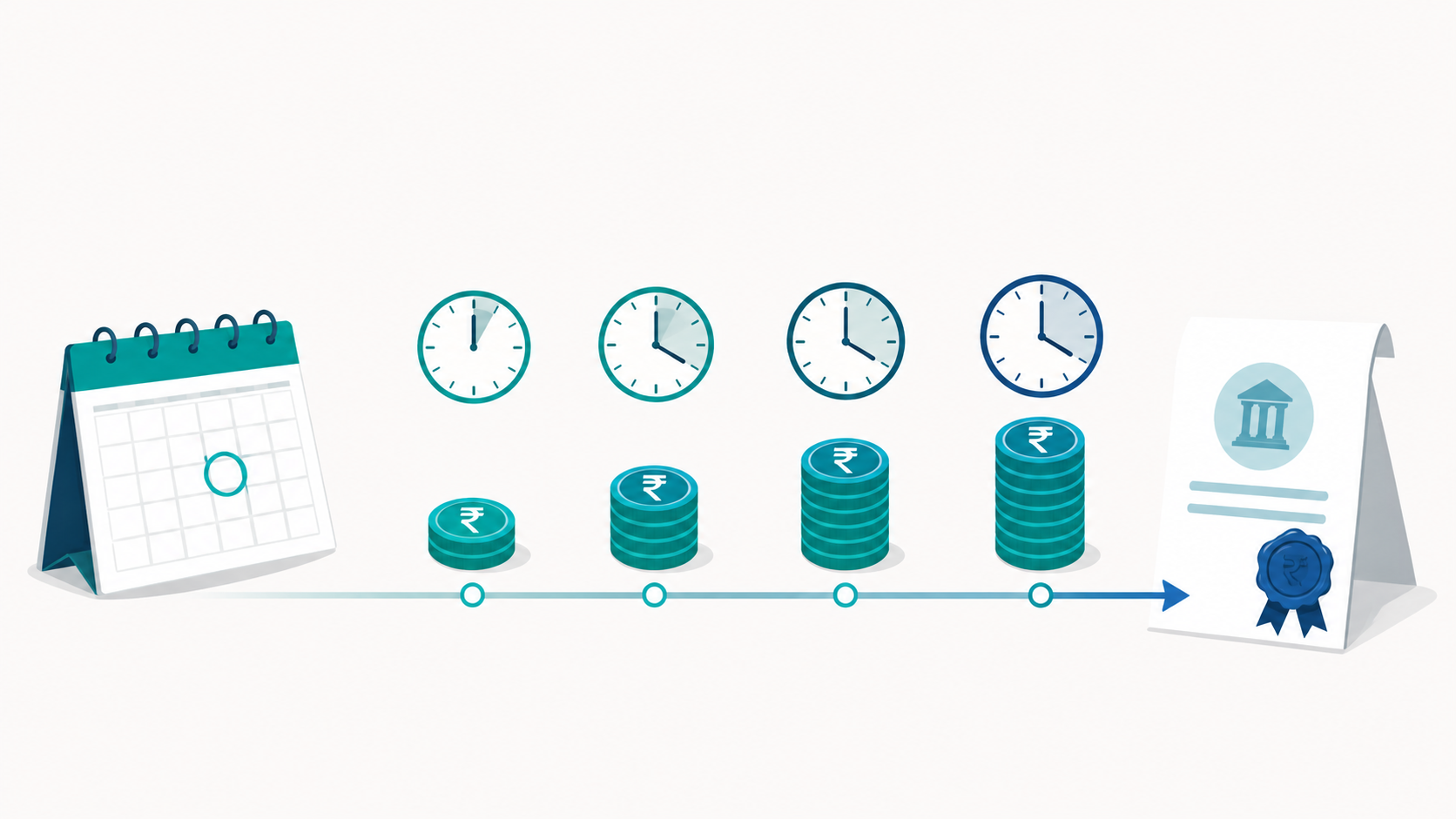 Timeline showing how the cost of a missed payroll deadline in India grows from a circled due date through advancing clocks and rising rupee coin stacks to an official penalty notice