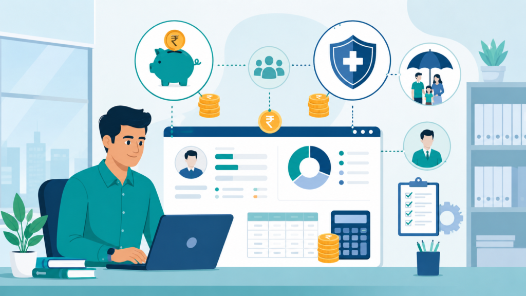 Indian HR manager calculating PF and ESI payroll deductions on a laptop dashboard with rupee, savings and insurance icons, flat teal and blue illustration