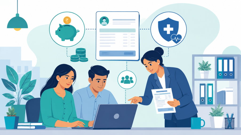 Flat illustration of Indian HR team reviewing PF and ESI payroll deductions on a laptop, with savings and healthcare insurance icons