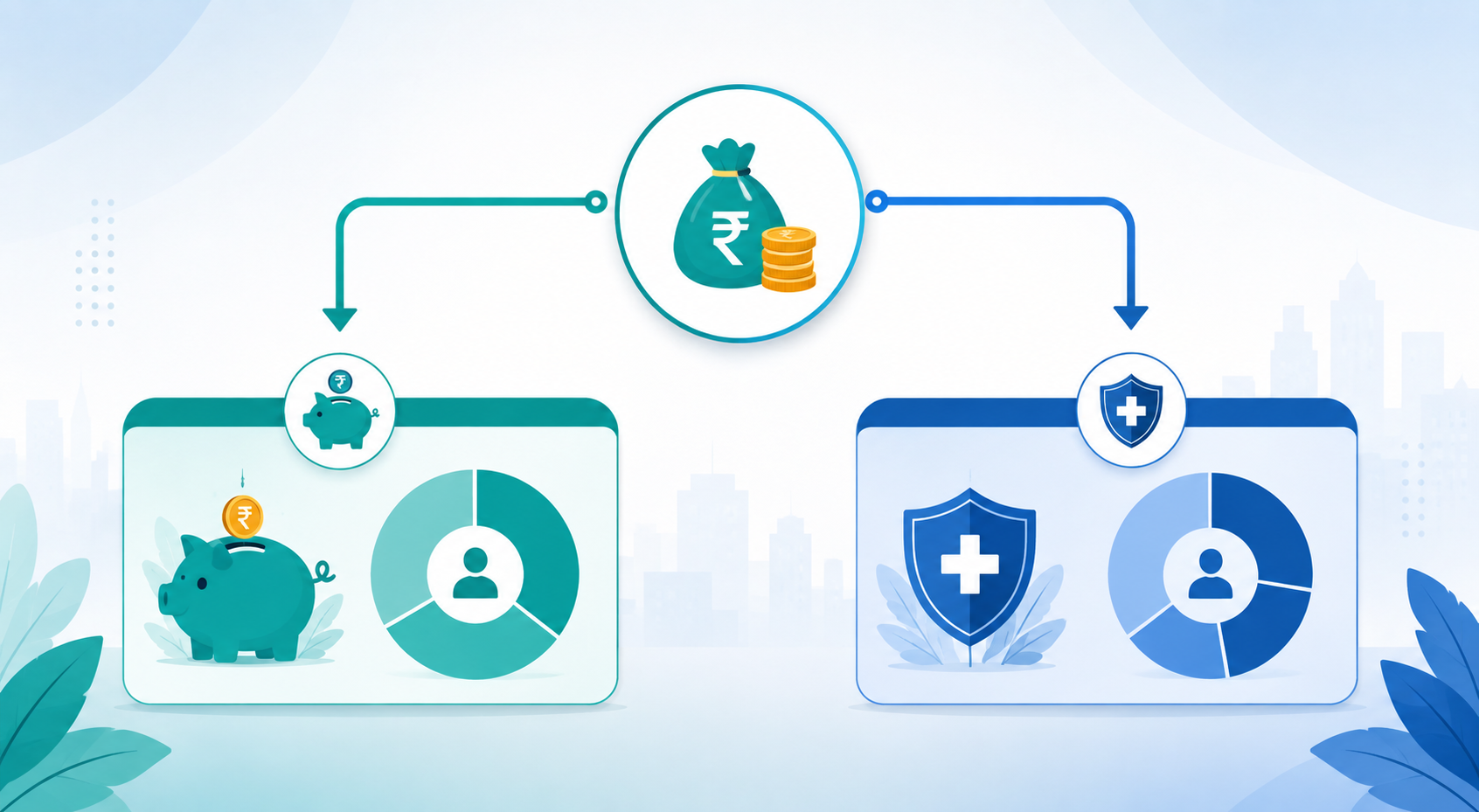 Diagram showing salary splitting into a PF retirement savings contribution and an ESI health insurance contribution for Indian payroll