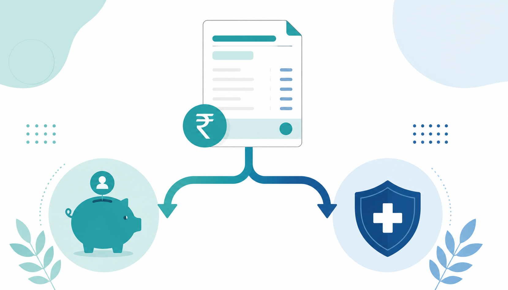 Flat illustration showing salary splitting into PF retirement savings and ESI health insurance contributions