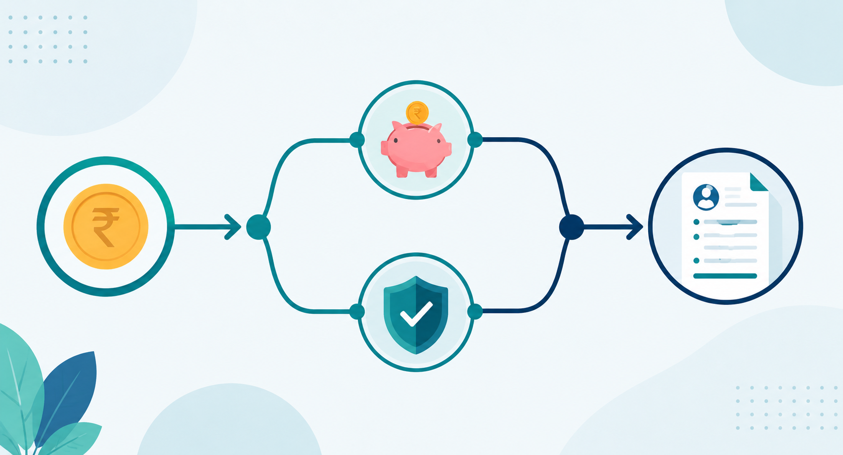 Flow diagram showing gross salary splitting into PF and ESI contribution paths converging into a payslip