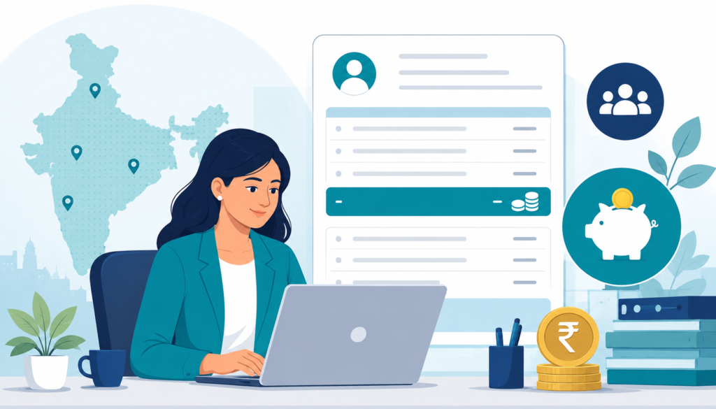 Indian HR manager reviewing a payslip with Professional Tax deduction on a laptop, with a map of India and rupee coin icons, flat teal and blue illustration