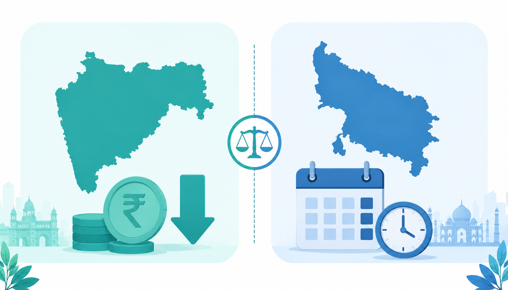 Side-by-side comparison illustration of Karnataka's lowered professional tax burden and Maharashtra's shifted payment deadline for Indian payroll compliance in 2026