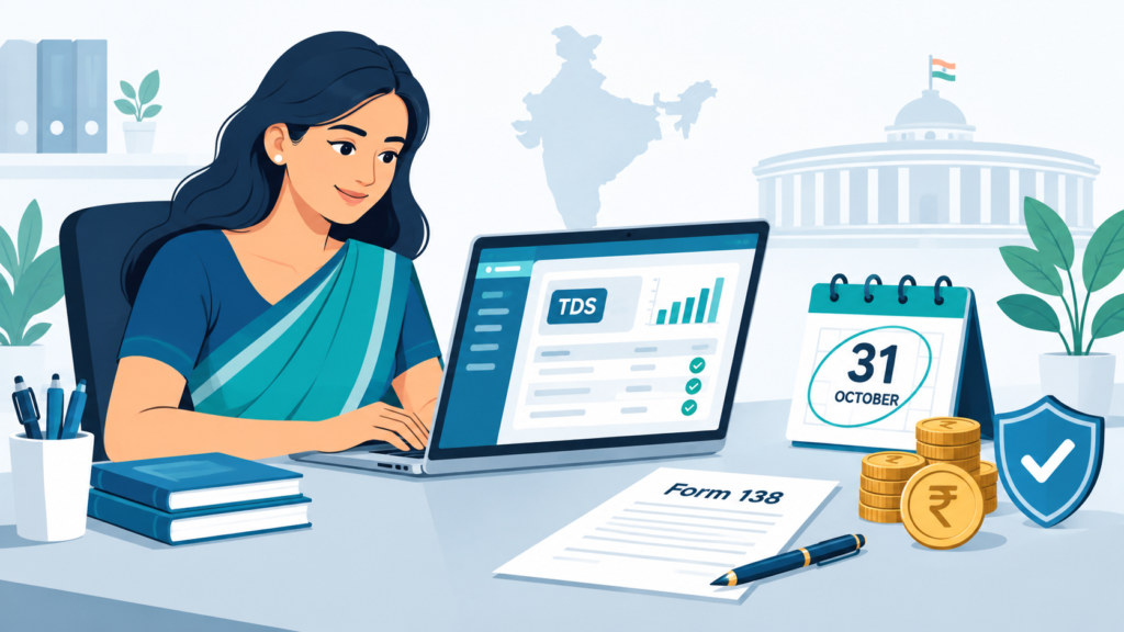 Indian HR manager filing Form 138 TDS salary return before October 31 deadline, with calendar and Form 138 document on desk, teal and blue flat illustration