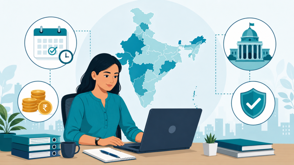 Indian HR manager reviewing Labour Welfare Fund (LWF) compliance checklist on a laptop, with a map of India showing multiple states and compliance icons including calendar, rupee coins, government building, and protection shield