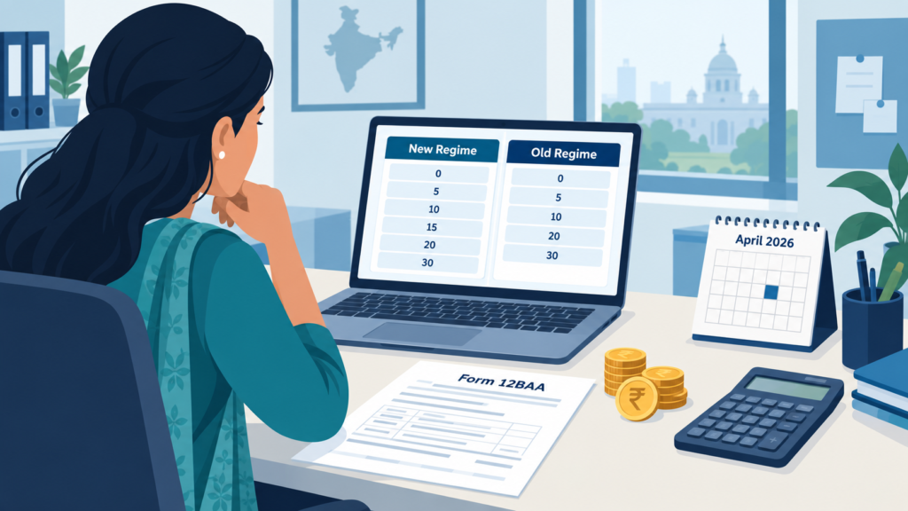 Indian HR manager comparing new tax regime vs old tax regime on laptop with Form 12BAA document and rupee coins on desk, flat teal and blue illustration