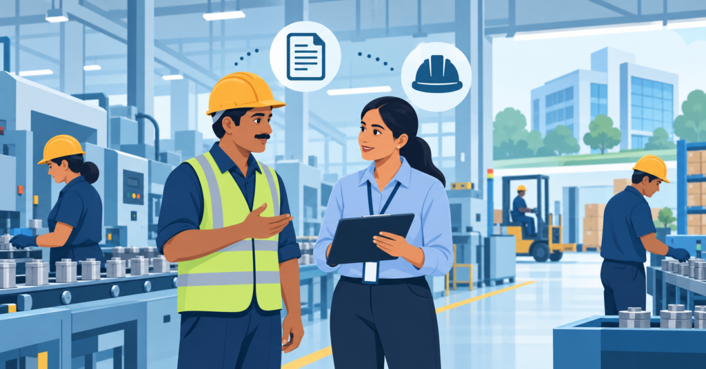 HR manager and factory worker in a manufacturing plant with a corporate office in the background, representing two different workforce compliance categories