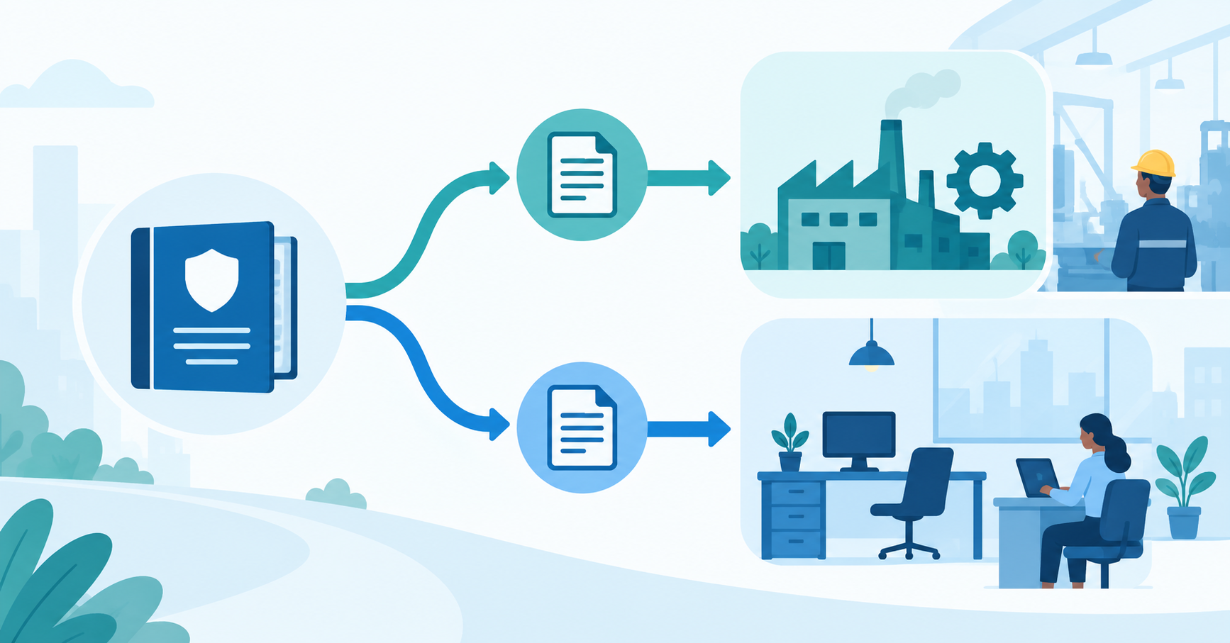 Diagram showing two separate pathways, one leading to a factory icon and one to an office desk icon, representing two different notice period rulebooks