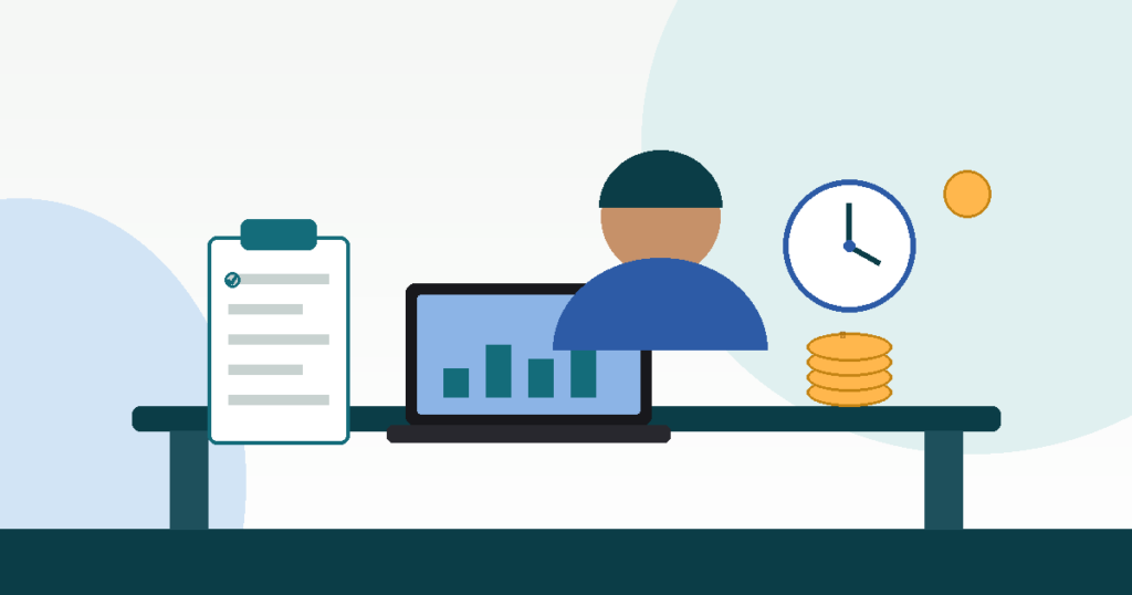 Flat illustration of an Indian HR manager reviewing overtime eligibility on a laptop with a checklist, clock and rupee coins on the desk, teal and blue color palette